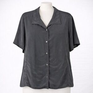 Vtg 100% Silk Jaclyn Smith Womens 18 XL Black Short Sleeve Button Shirt Top Y2K